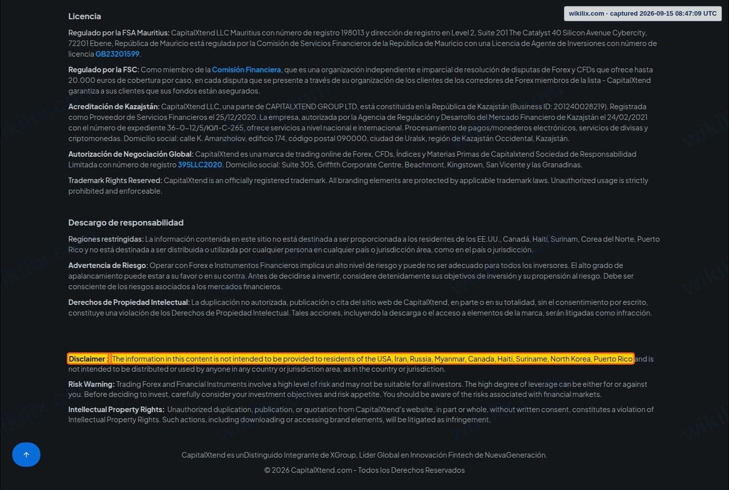Our full page screenshot of the page this clause sits on, on CapitalXtend's site capitalxtend.com, taken on Sep 15, 2026. The quoted words are marked in the image.
