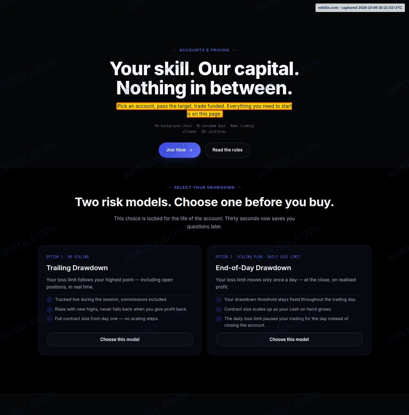 Our full page screenshot of the page that makes this promise, on Bulenox's site bulenox.com, taken on Oct 9, 2026. The quoted words are marked in the image.