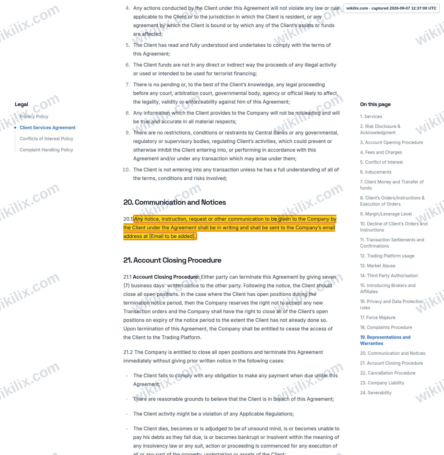 Our full page screenshot of the page this clause sits on, on Thunder Markets's site web.archive.org, taken on Sep 7, 2026. The quoted words are marked in the image.