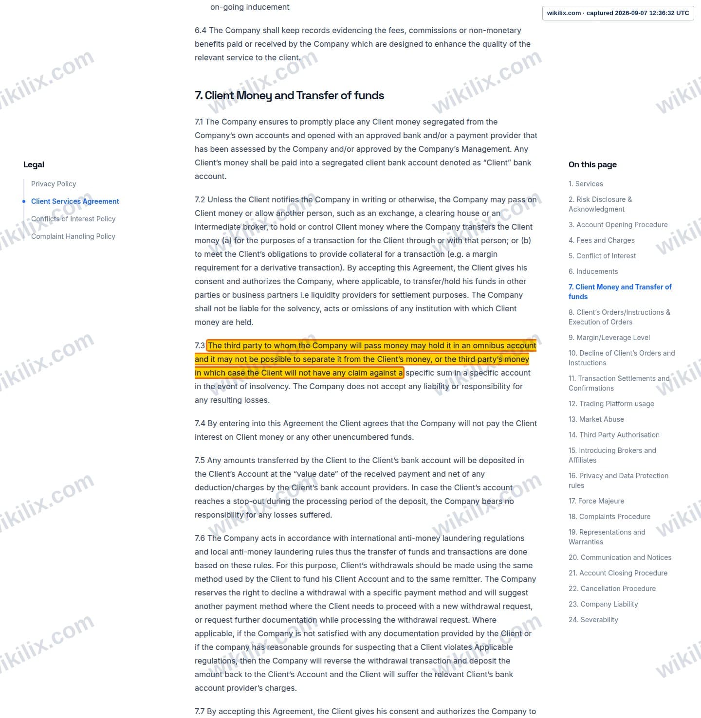 Our full page screenshot of the page this clause sits on, on Thunder Markets's site web.archive.org, taken on Sep 7, 2026. The quoted words are marked in the image.