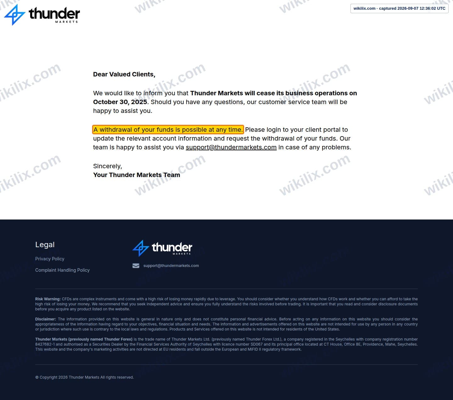 Our full page screenshot of the page that makes this promise, on Thunder Markets's site thundermarkets.com, taken on Sep 7, 2026. The quoted words are marked in the image.