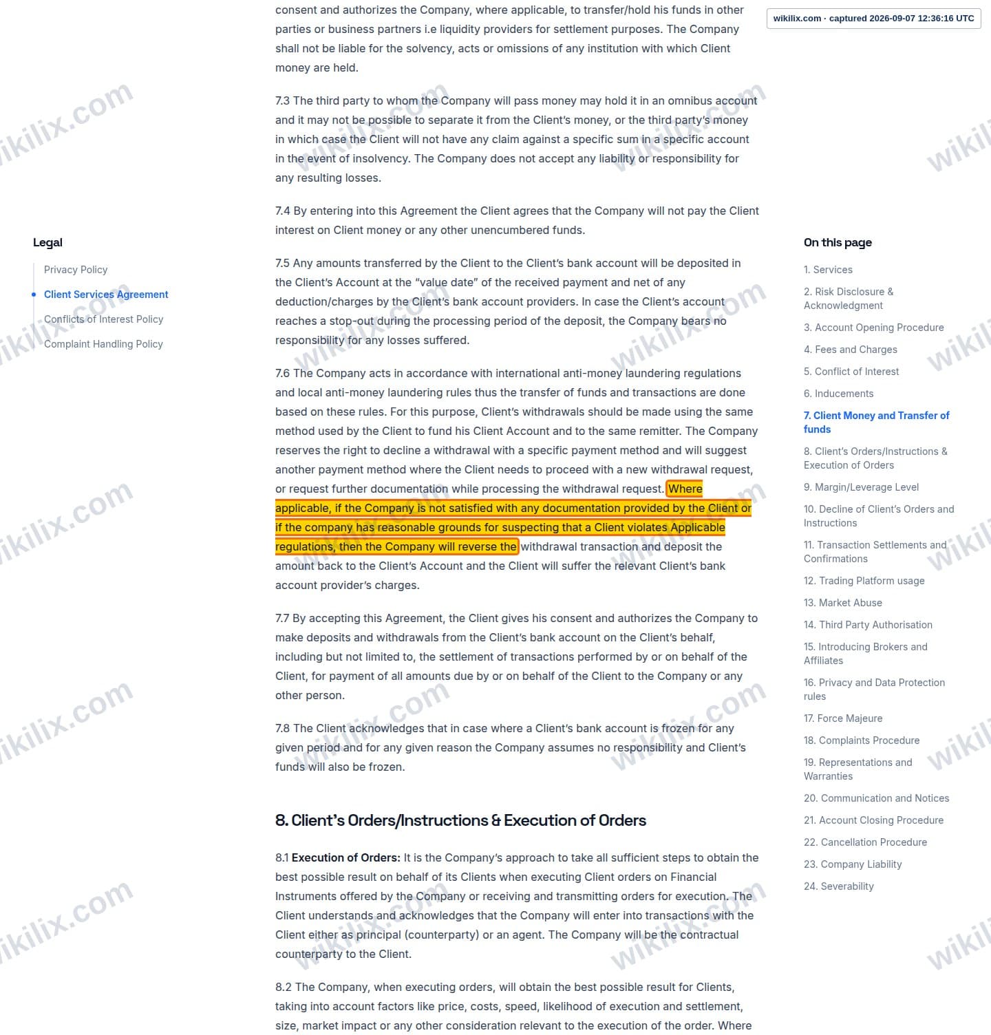 Our full page screenshot of the page this clause sits on, on Thunder Markets's site web.archive.org, taken on Sep 7, 2026. The quoted words are marked in the image.