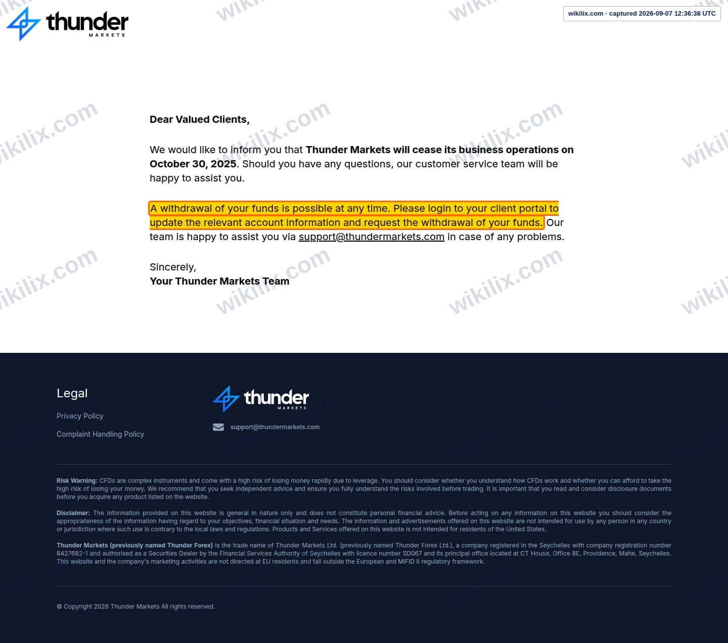 Our full page screenshot of the page this clause sits on, on Thunder Markets's site thundermarkets.com, taken on Sep 7, 2026. The quoted words are marked in the image.