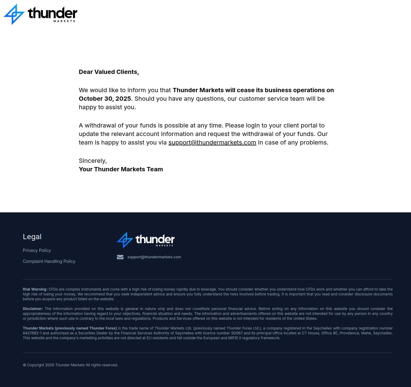 Homepage of thundermarkets.com as we captured it