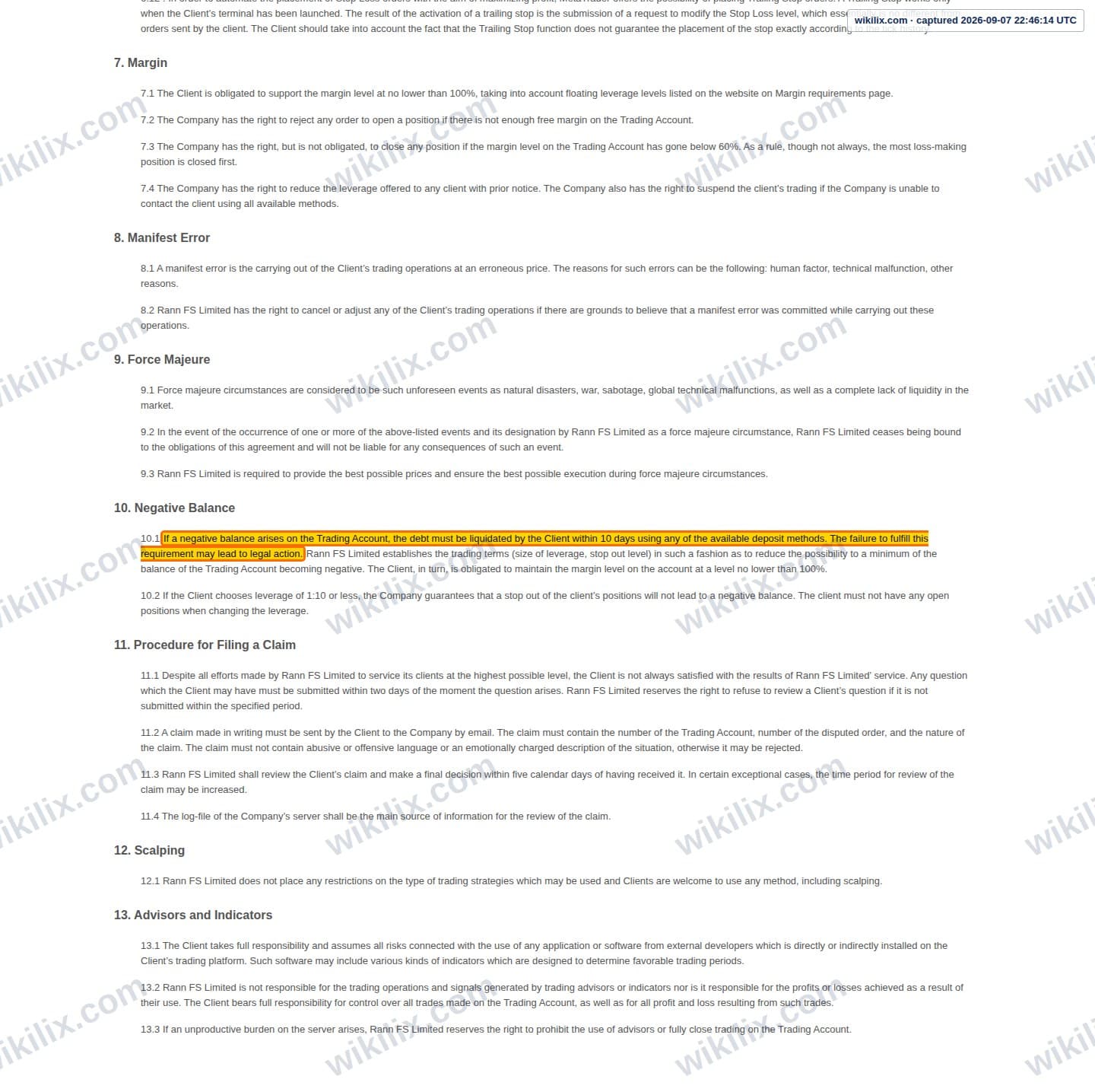 Our full page screenshot of the page this clause sits on, on RannForex's site rannforex.com, taken on Sep 7, 2026. The quoted words are marked in the image.