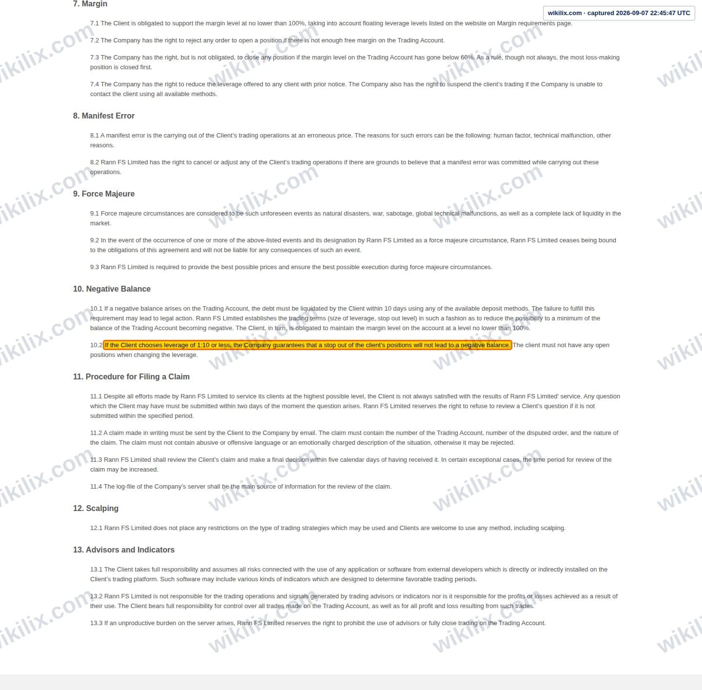Our full page screenshot of the page this clause sits on, on RannForex's site rannforex.com, taken on Sep 7, 2026. The quoted words are marked in the image.