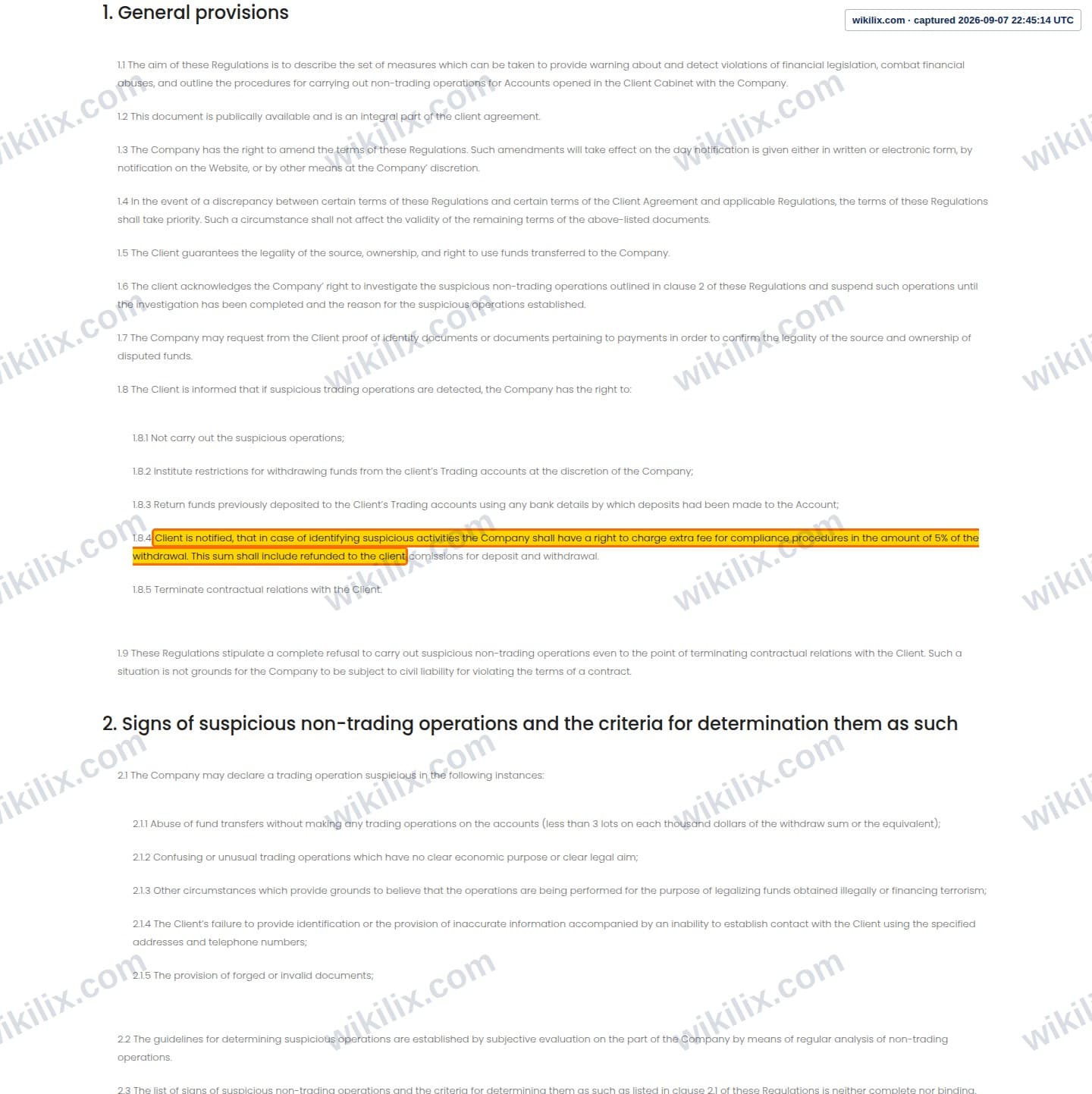 Our full page screenshot of the page this clause sits on, on RannForex's site rann.forex, taken on Sep 7, 2026. The quoted words are marked in the image.