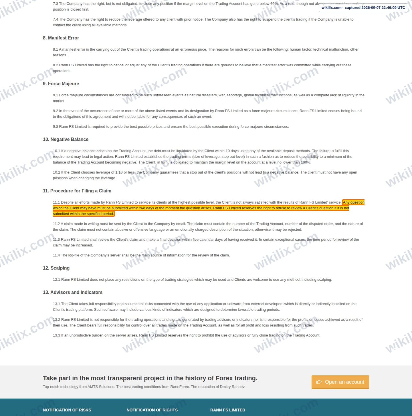 Our full page screenshot of the page this clause sits on, on RannForex's site rannforex.com, taken on Sep 7, 2026. The quoted words are marked in the image.