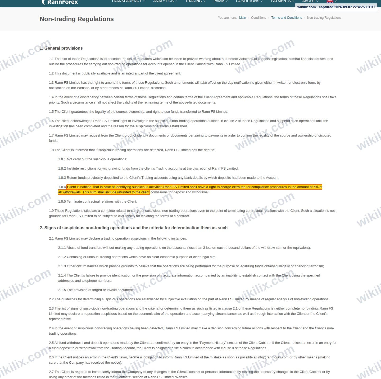 Our full page screenshot of the page this clause sits on, on RannForex's site rannforex.com, taken on Sep 7, 2026. The quoted words are marked in the image.