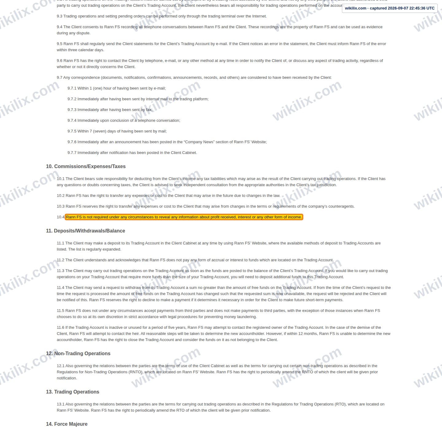 Our full page screenshot of the page this clause sits on, on RannForex's site rannforex.com, taken on Sep 7, 2026. The quoted words are marked in the image.