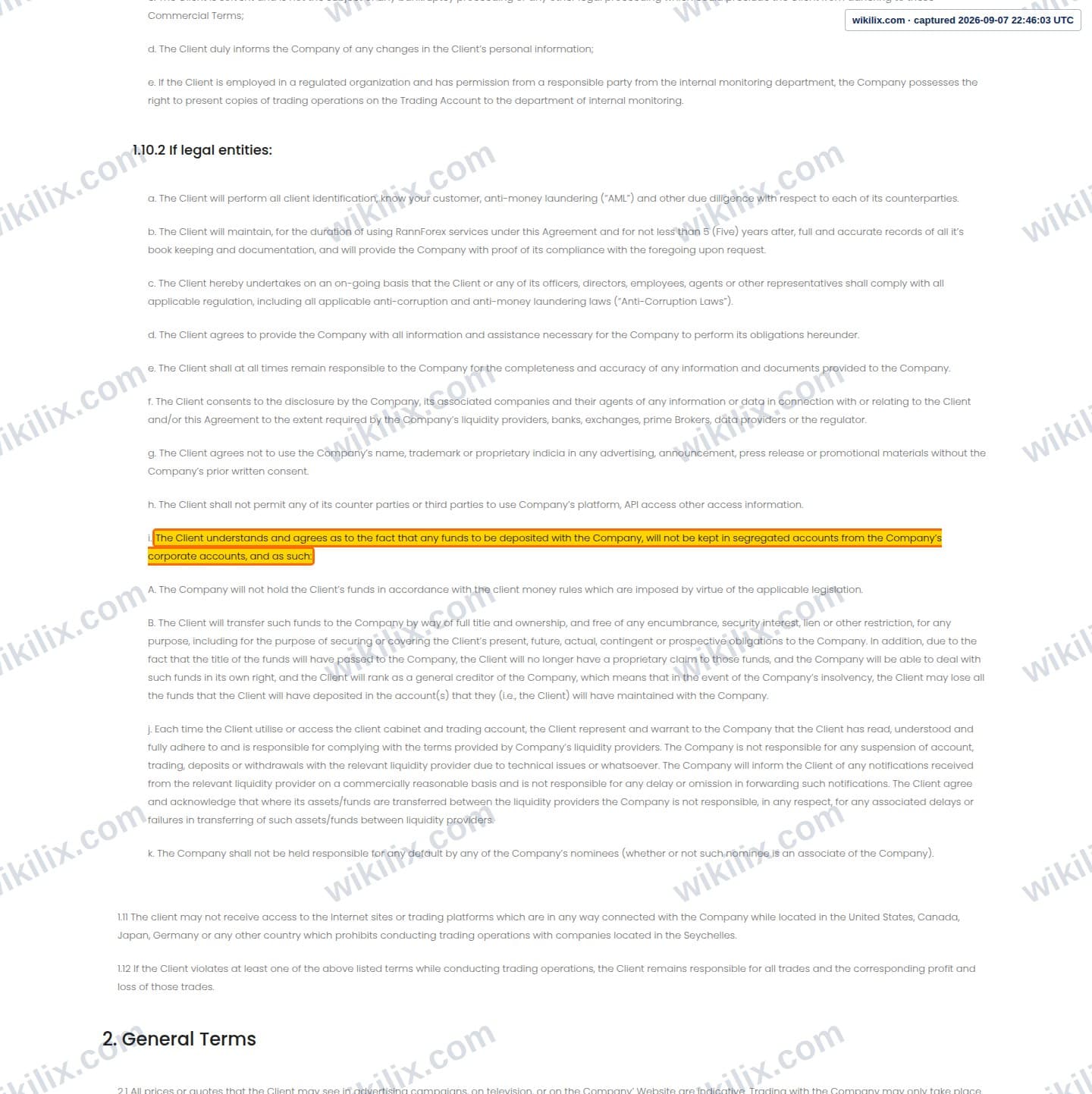 Our full page screenshot of the page this clause sits on, on RannForex's site rann.forex, taken on Sep 7, 2026. The quoted words are marked in the image.