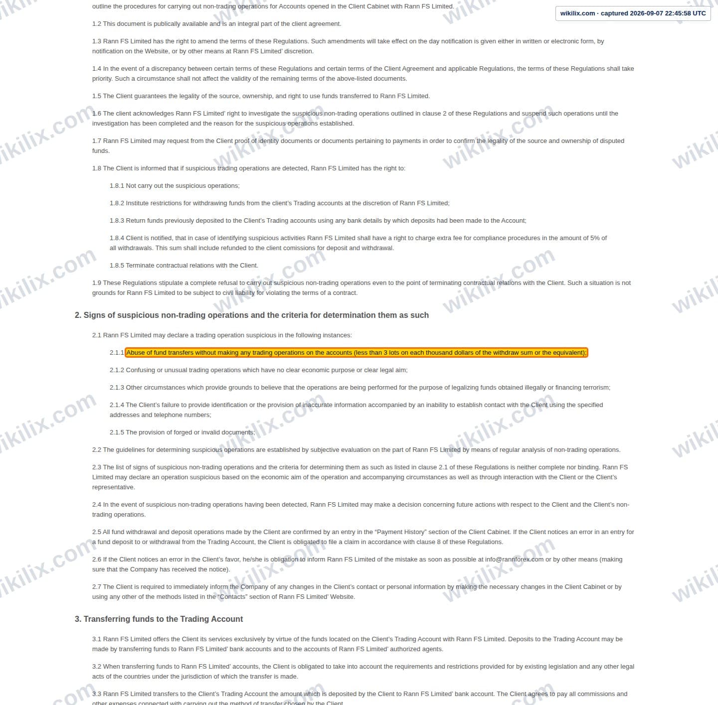 Our full page screenshot of the page this clause sits on, on RannForex's site rannforex.com, taken on Sep 7, 2026. The quoted words are marked in the image.