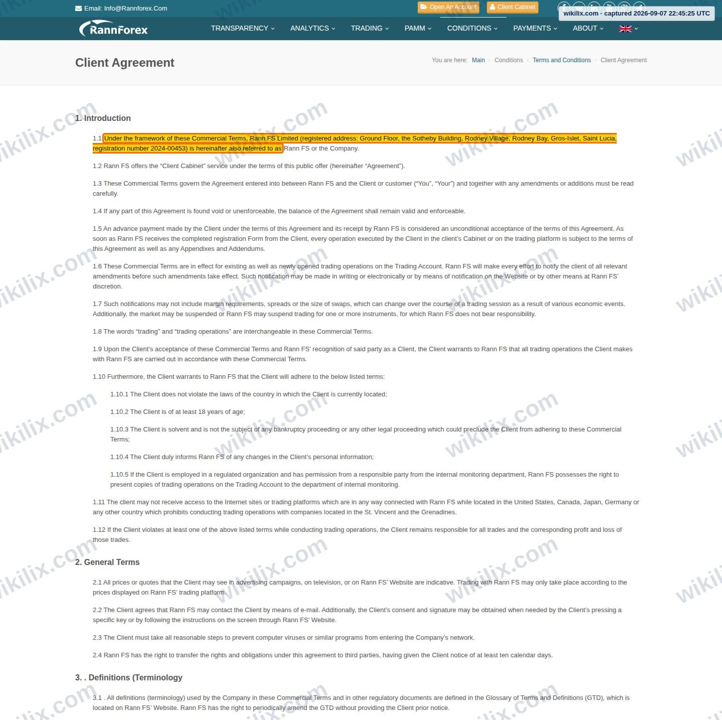 Our full page screenshot of the page this clause sits on, on RannForex's site rannforex.com, taken on Sep 7, 2026. The quoted words are marked in the image.