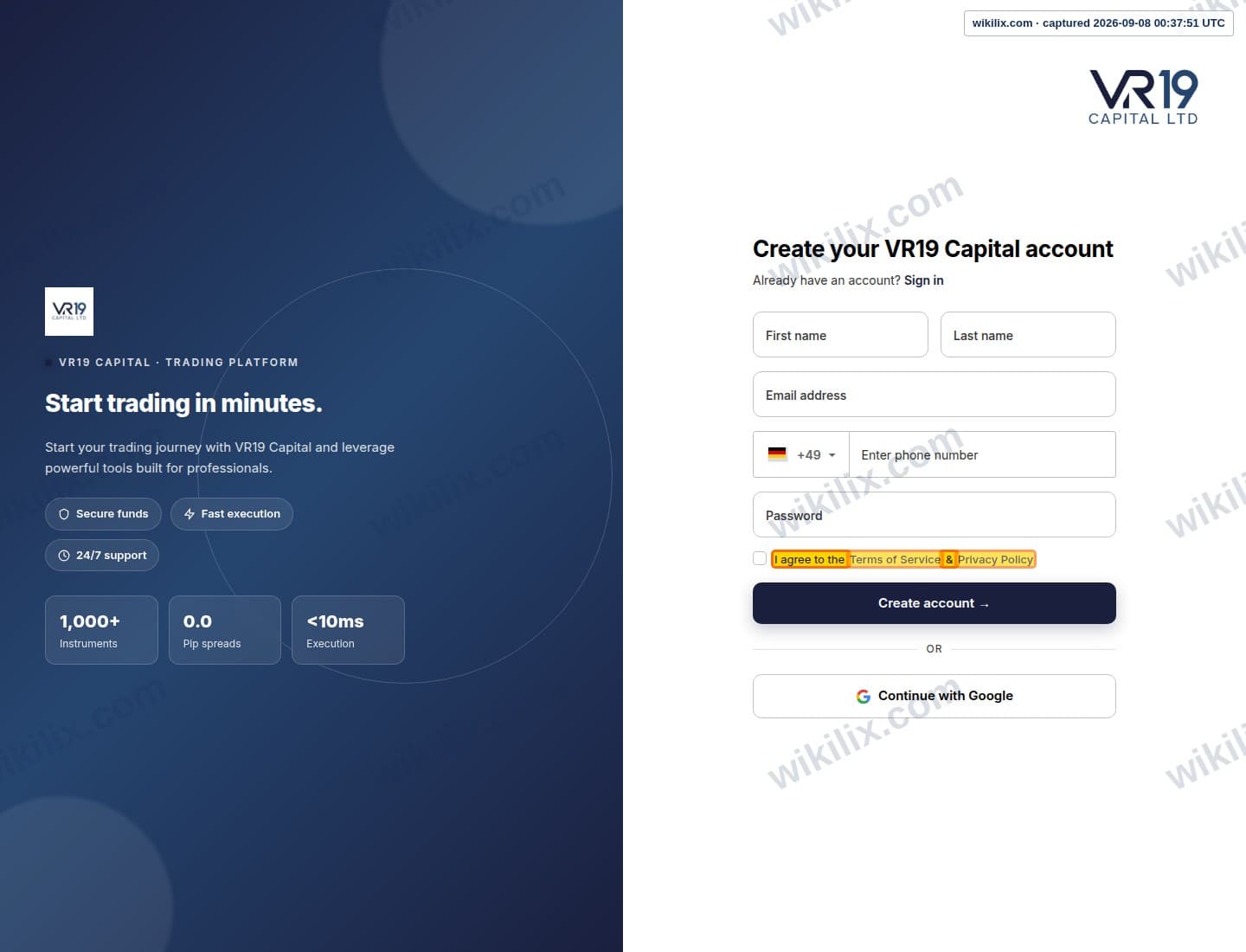 Our full page screenshot of the page this clause sits on, on Vr 19 Capital's site trade.vr19capital.com, taken on Sep 8, 2026. The quoted words are marked in the image.