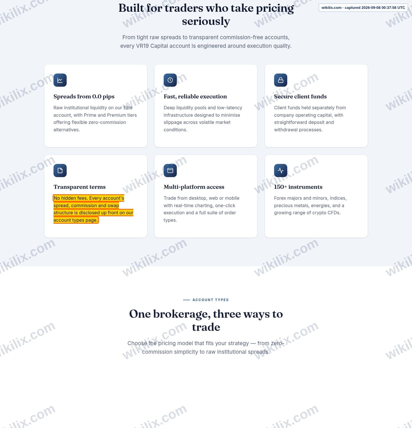 Our full page screenshot of the page that makes this promise, on Vr 19 Capital's site vr19capital.com, taken on Sep 8, 2026. The quoted words are marked in the image.
