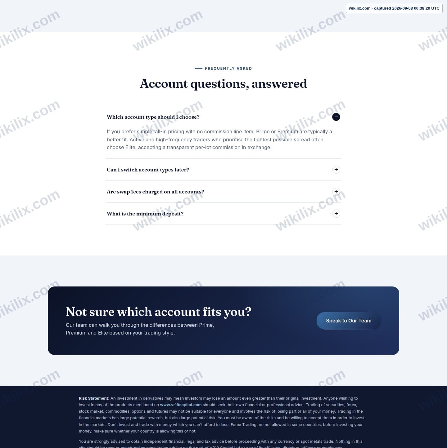 Our full page screenshot of the page this quotation was taken from, on Vr 19 Capital's site vr19capital.com, taken on Sep 8, 2026. The quoted words are not marked in the image.