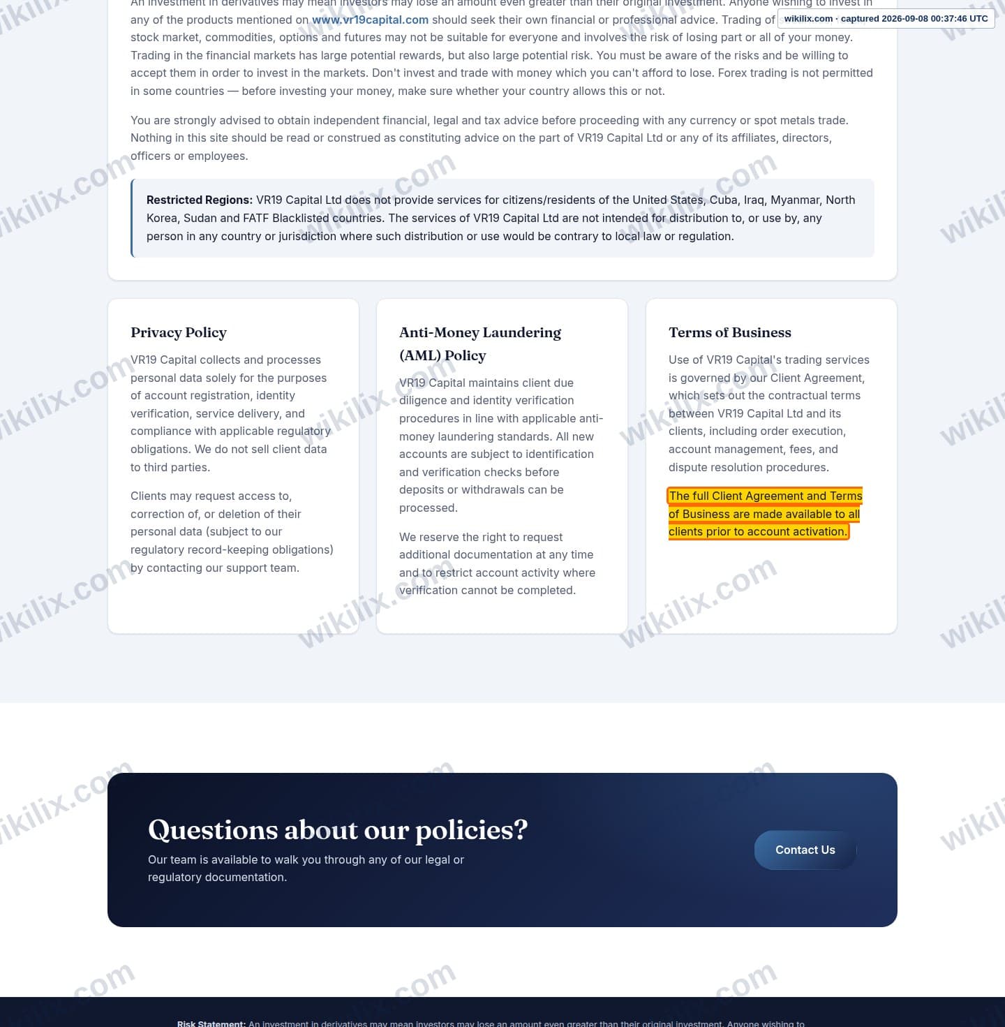 Our full page screenshot of the page that makes this promise, on Vr 19 Capital's site vr19capital.com, taken on Sep 8, 2026. The quoted words are marked in the image.