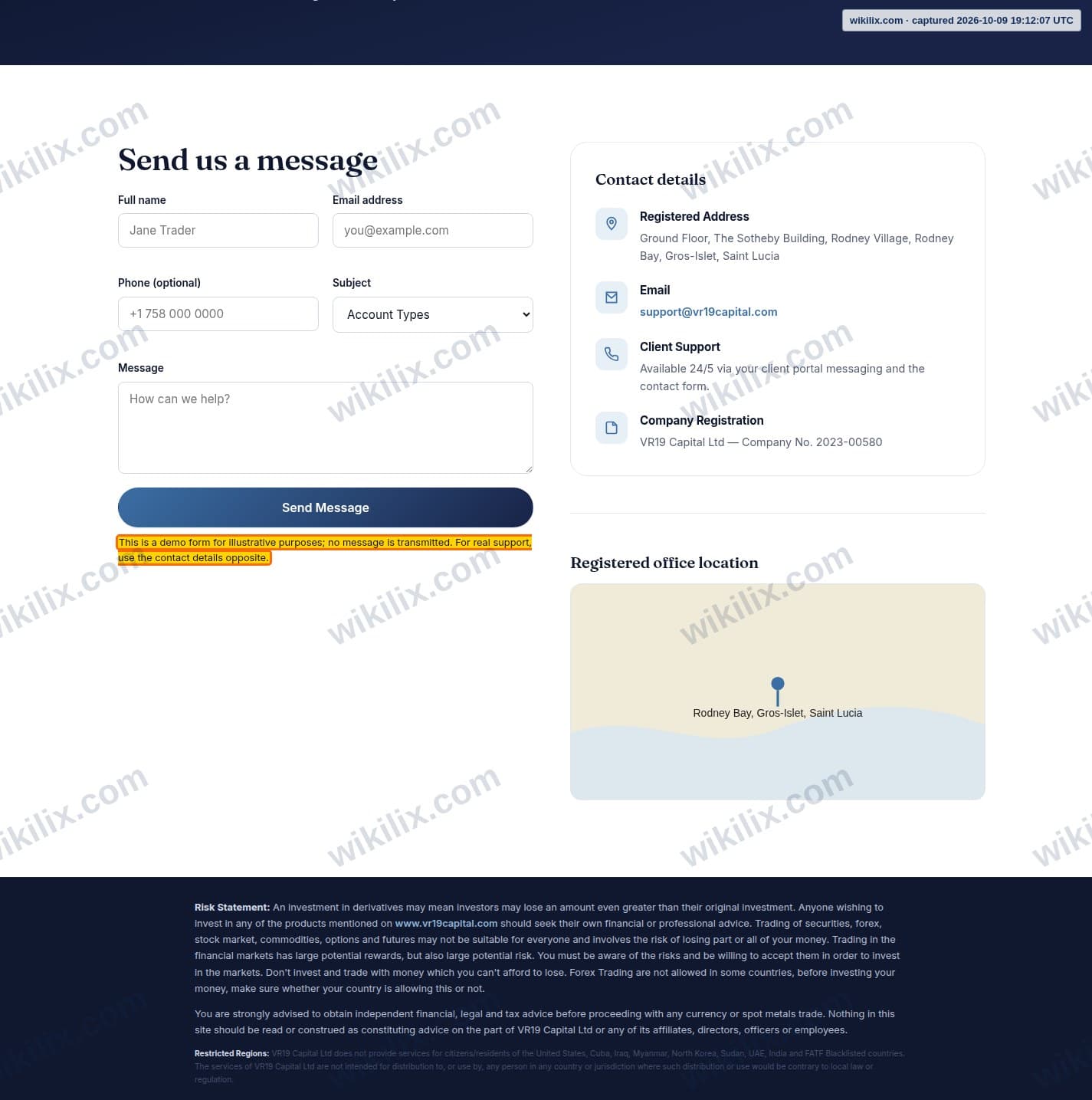Our full page screenshot of the page this clause sits on, on VR19 Capital's site vr19capital.com, taken on Oct 9, 2026. The quoted words are marked in the image.