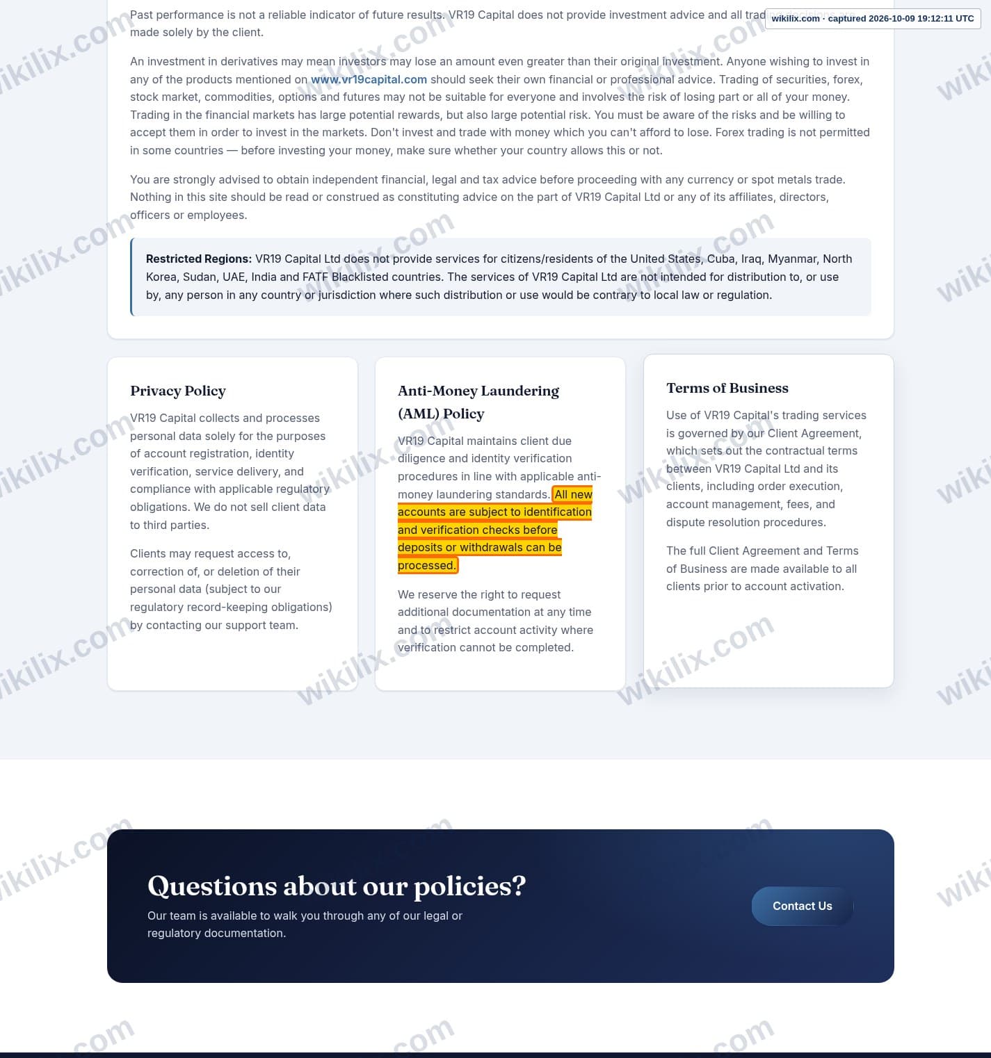 Our full page screenshot of the page this clause sits on, on VR19 Capital's site vr19capital.com, taken on Oct 9, 2026. The quoted words are marked in the image.
