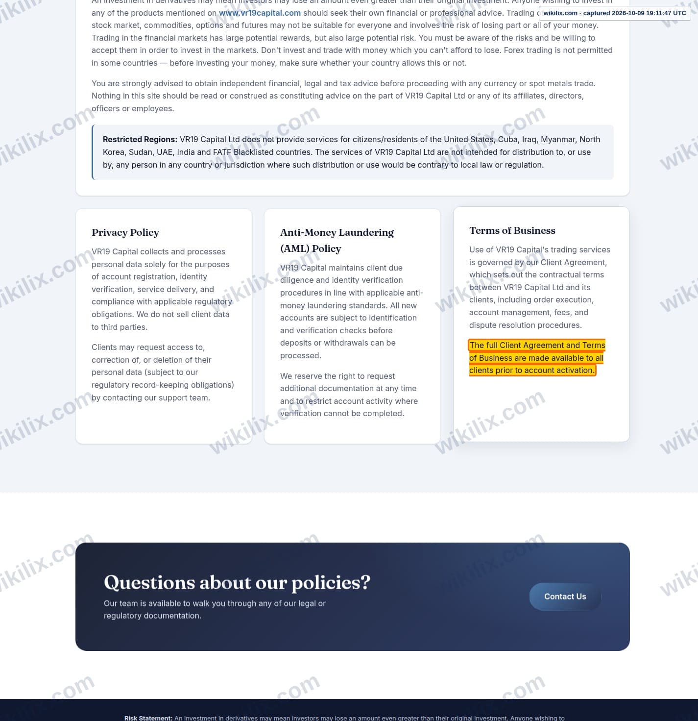 Our full page screenshot of the page this clause sits on, on VR19 Capital's site vr19capital.com, taken on Oct 9, 2026. The quoted words are marked in the image.