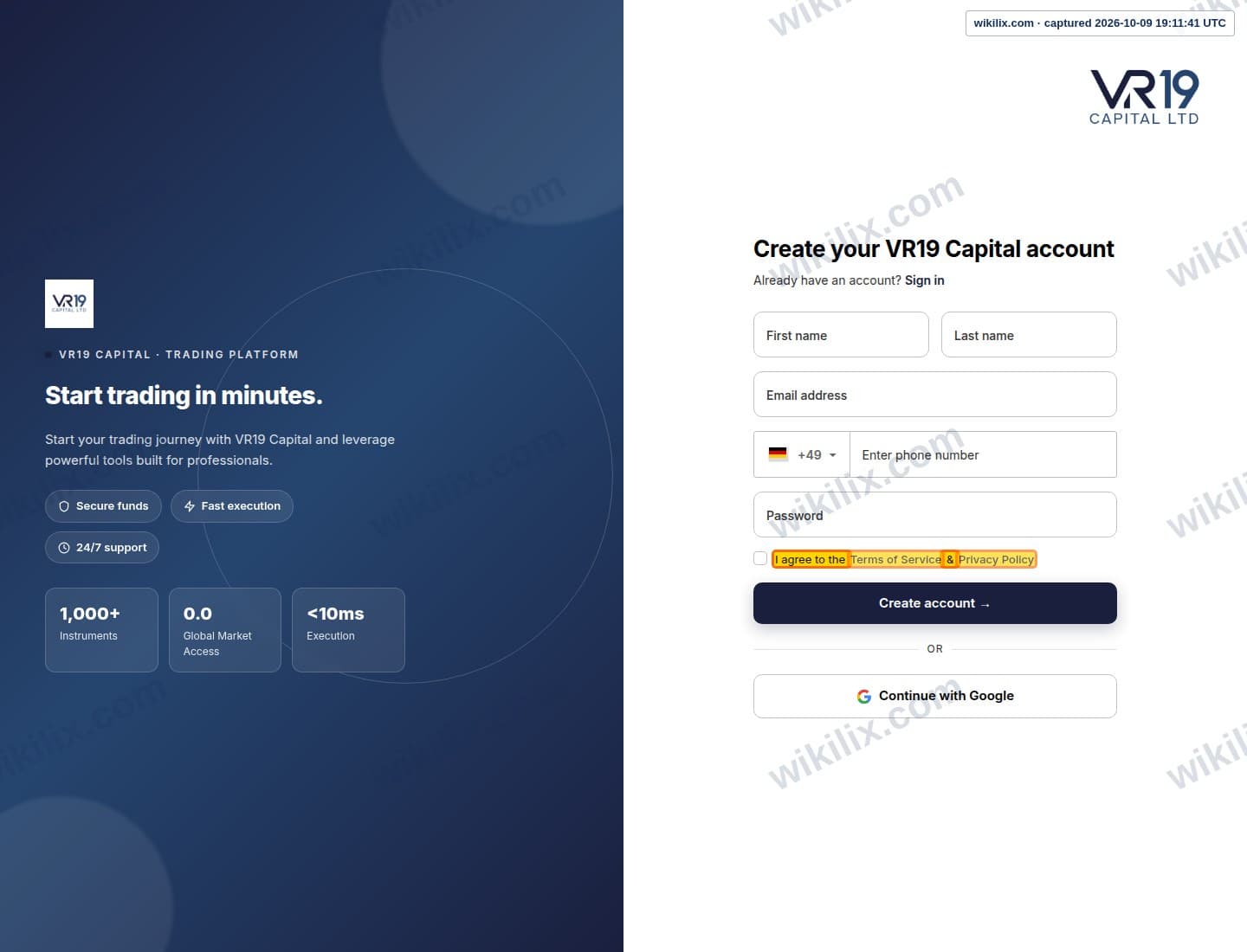 Our full page screenshot of the page that makes this promise, on VR19 Capital's site trade.vr19capital.com, taken on Oct 9, 2026. The quoted words are marked in the image.