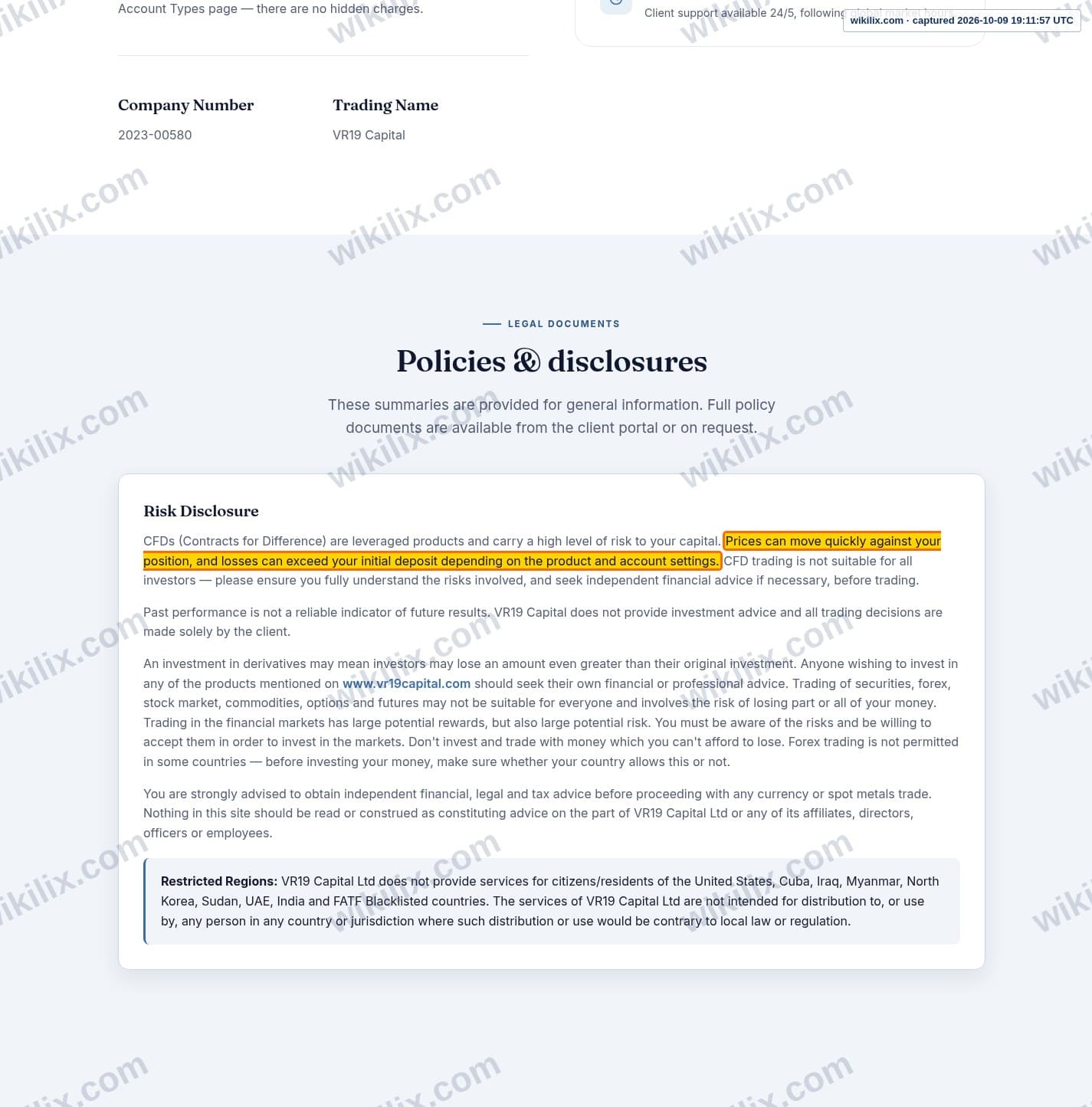 Our full page screenshot of the page this clause sits on, on VR19 Capital's site vr19capital.com, taken on Oct 9, 2026. The quoted words are marked in the image.