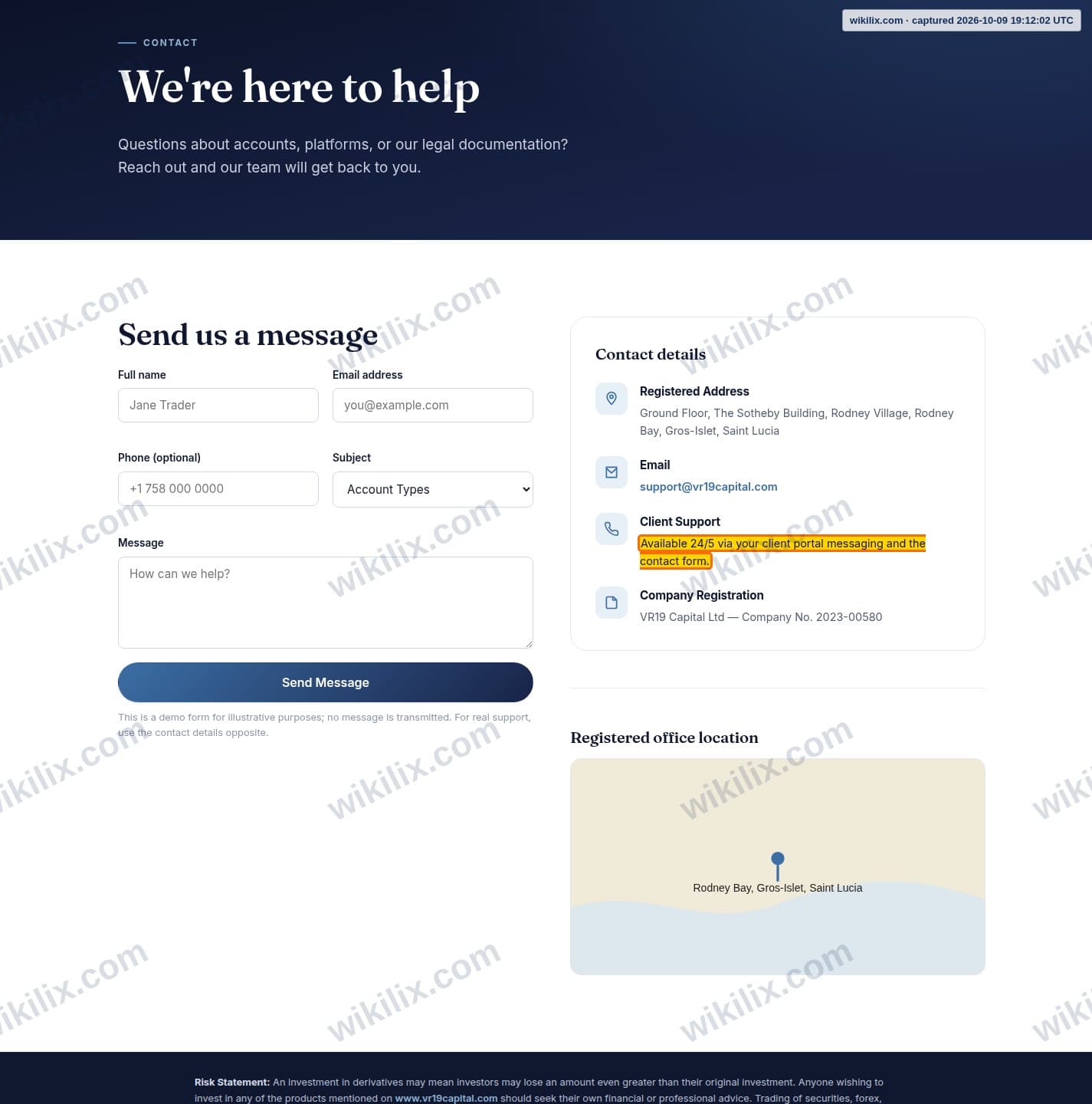 Our full page screenshot of the page that makes this promise, on VR19 Capital's site vr19capital.com, taken on Oct 9, 2026. The quoted words are marked in the image.