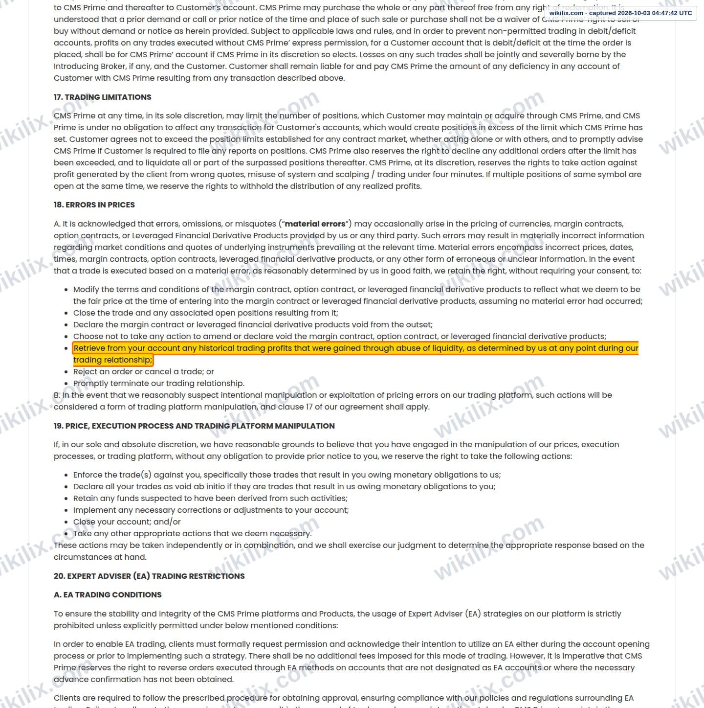Our full page screenshot of the page this clause sits on, on CMS Prime's site cmsprime.com, taken on Oct 3, 2026. The quoted words are marked in the image.