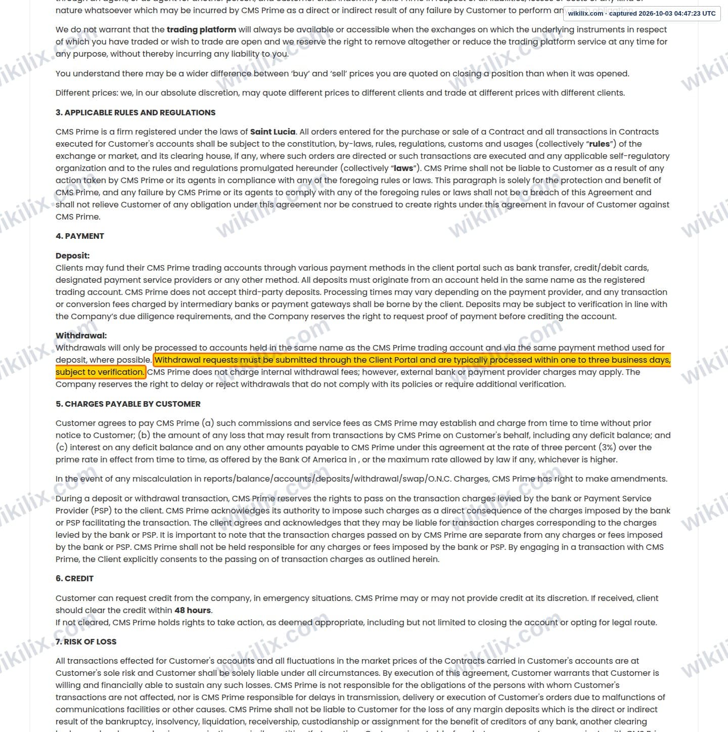 Our full page screenshot of the page this clause sits on, on CMS Prime's site cmsprime.com, taken on Oct 3, 2026. The quoted words are marked in the image.