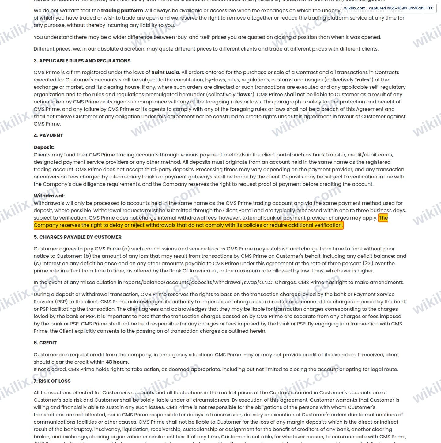 Our full page screenshot of the page this clause sits on, on CMS Prime's site cmsprime.com, taken on Oct 3, 2026. The quoted words are marked in the image.
