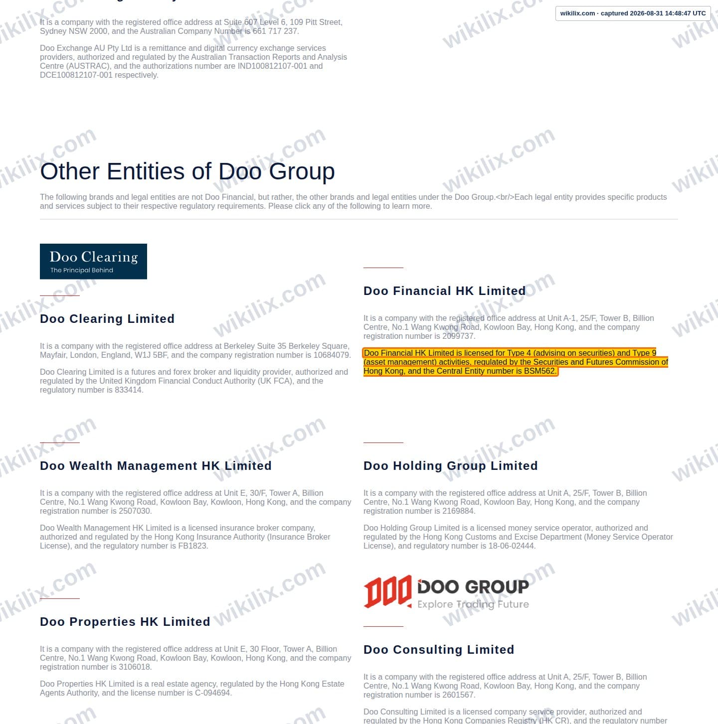Our full page screenshot of the page this clause sits on, on DOO FINANCIAL's site doofinancial.com.au, taken on Aug 31, 2026. The quoted words are marked in the image.
