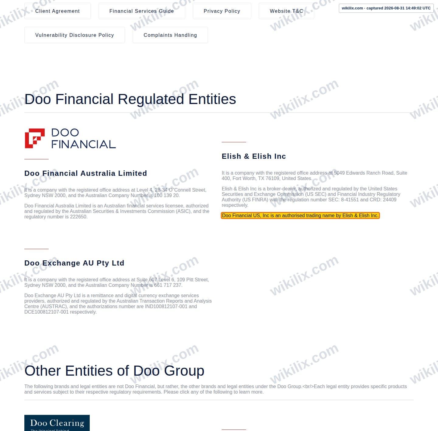 Our full page screenshot of the page this clause sits on, on DOO FINANCIAL's site doofinancial.com.au, taken on Aug 31, 2026. The quoted words are marked in the image.