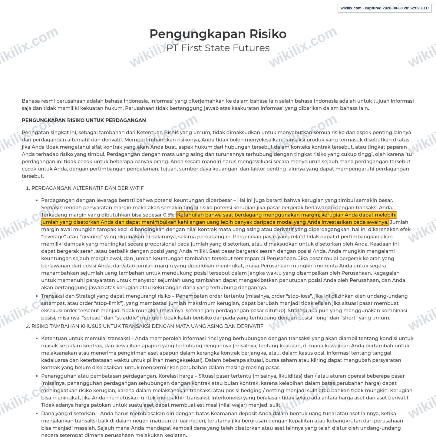 Our full page screenshot of the page this clause sits on, on FIRST STATE FUTURES's site fsf.co.id, taken on Aug 30, 2026. The quoted words are marked in the image.
