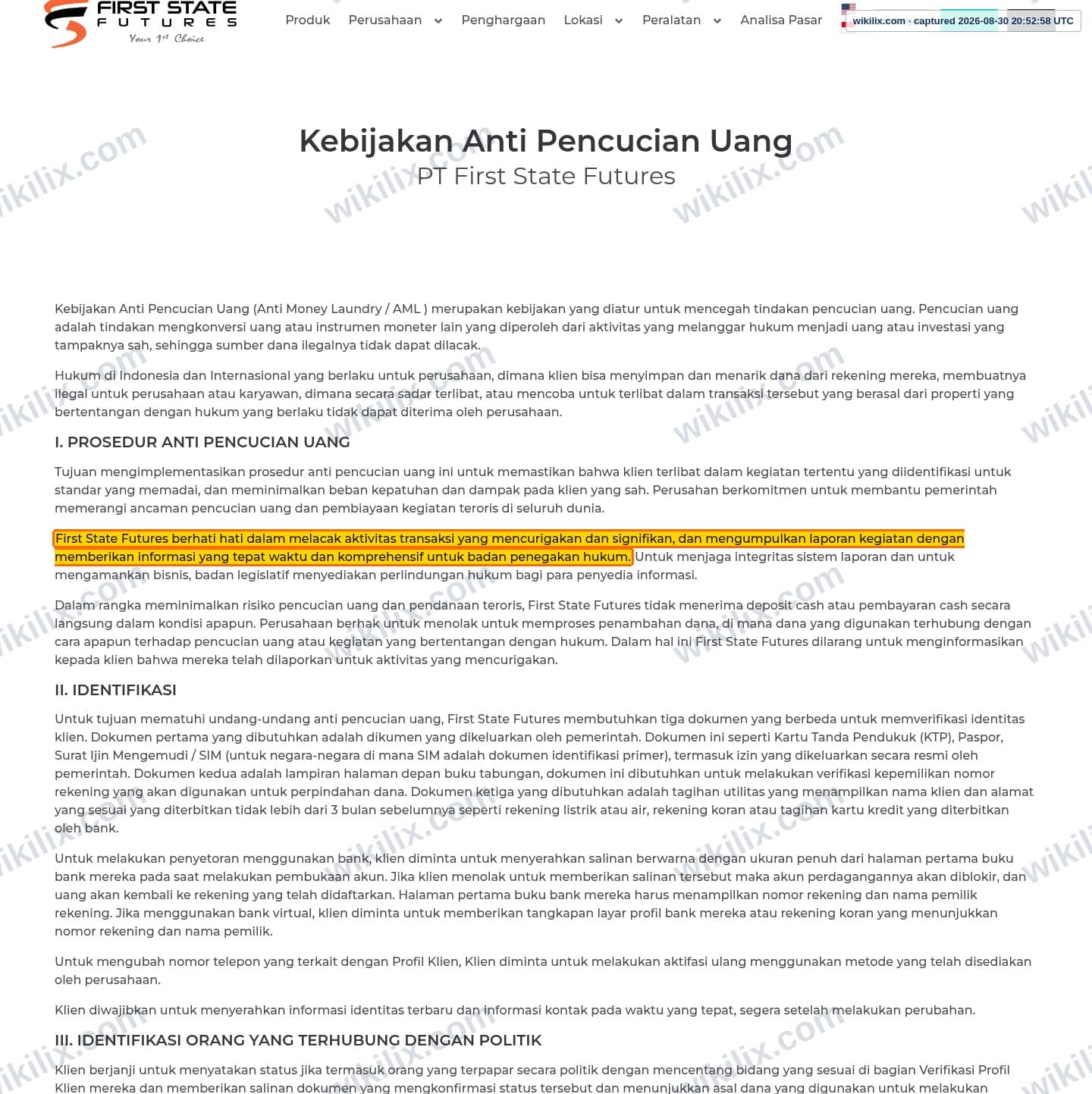 Our full page screenshot of the page this clause sits on, on FIRST STATE FUTURES's site fsf.co.id, taken on Aug 30, 2026. The quoted words are marked in the image.