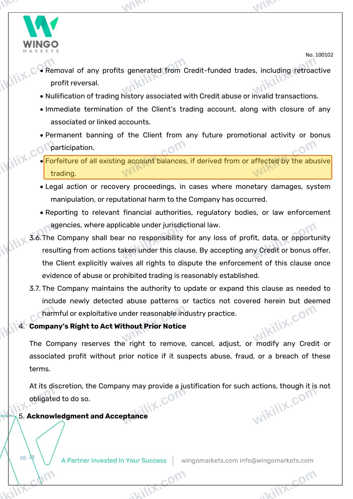 Our full page screenshot of the page this clause sits on, on Wingo Markets's site wingomarkets.com, taken on Sep 8, 2026. The quoted words are marked in the image.
