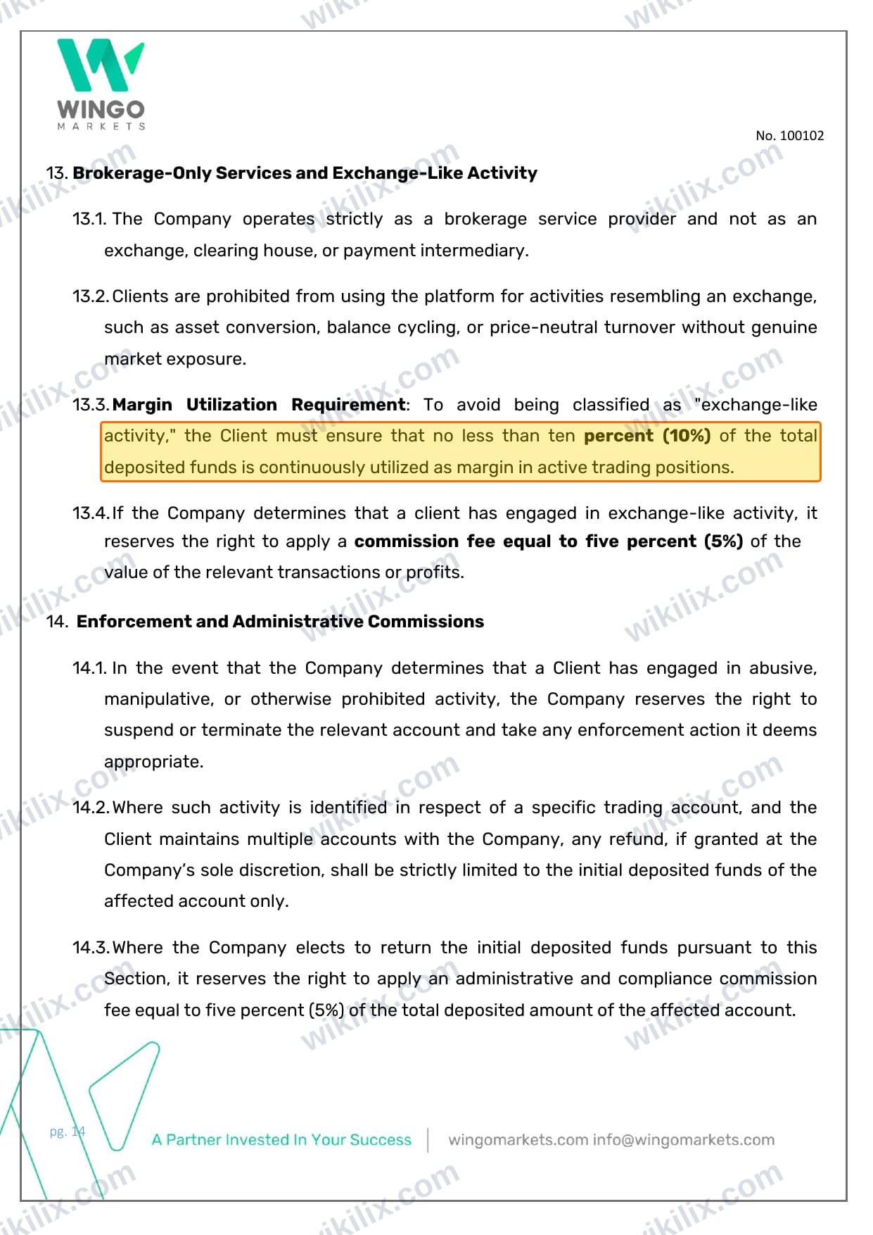 Our full page screenshot of the page this clause sits on, on Wingo Markets's site wingomarkets.com, taken on Sep 8, 2026. The quoted words are marked in the image.