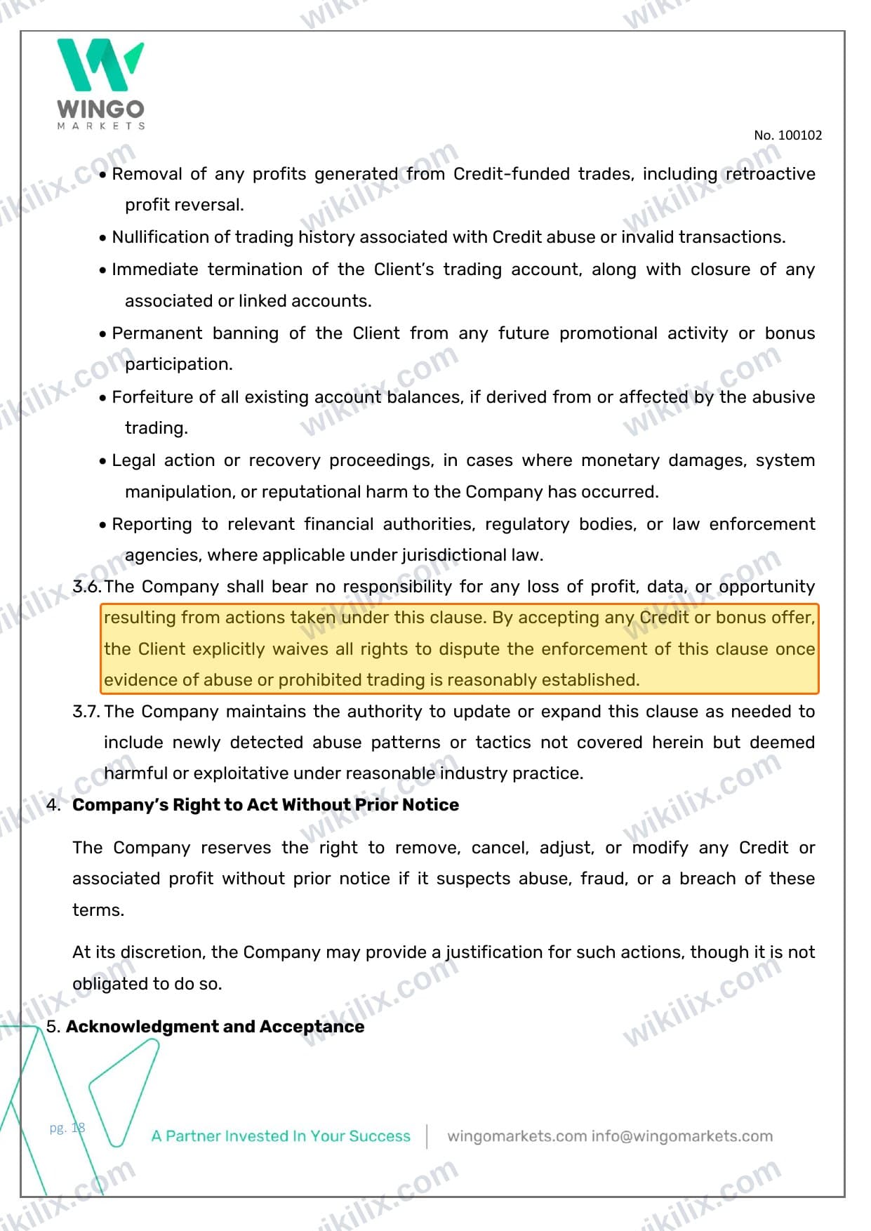 Our full page screenshot of the page this clause sits on, on Wingo Markets's site wingomarkets.com, taken on Sep 8, 2026. The quoted words are marked in the image.