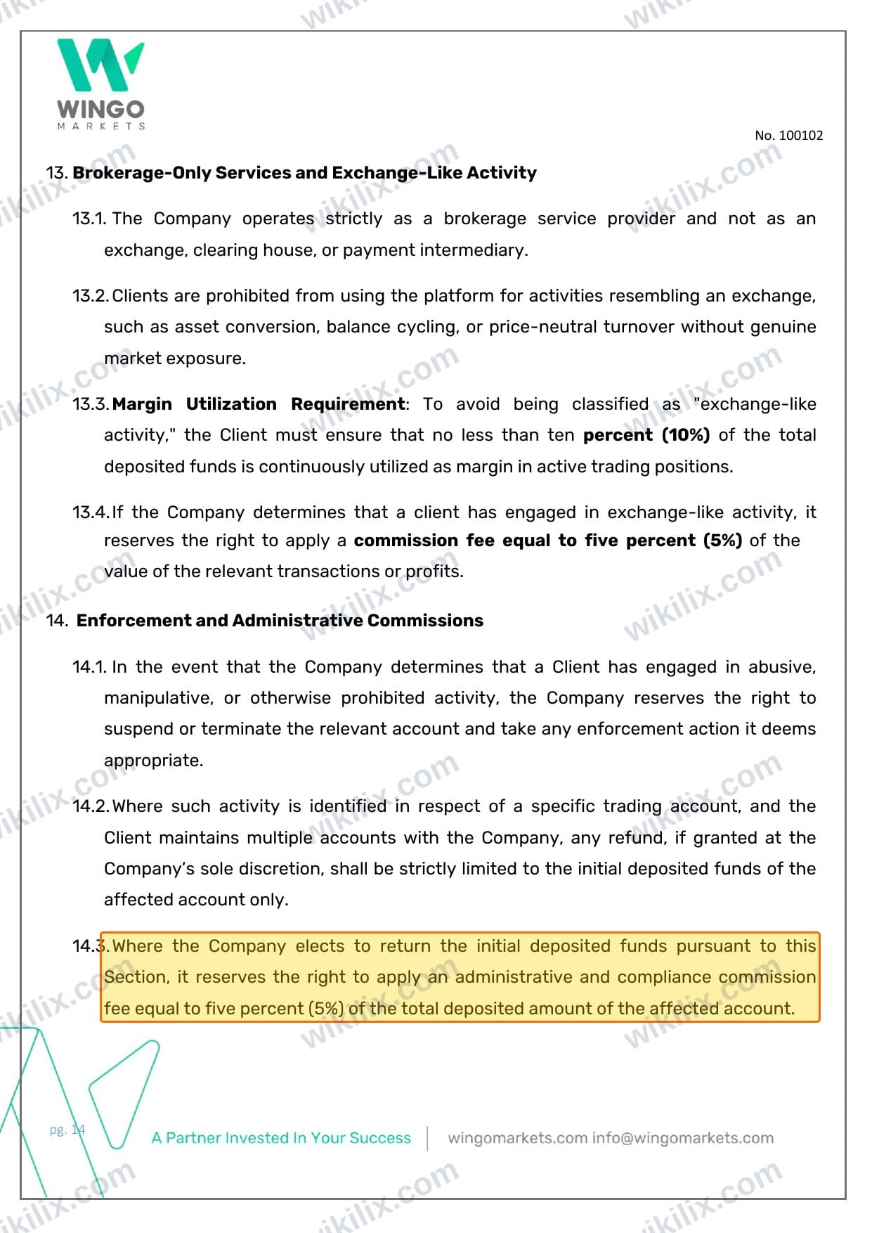 Our full page screenshot of the page this clause sits on, on Wingo Markets's site wingomarkets.com, taken on Sep 8, 2026. The quoted words are marked in the image.