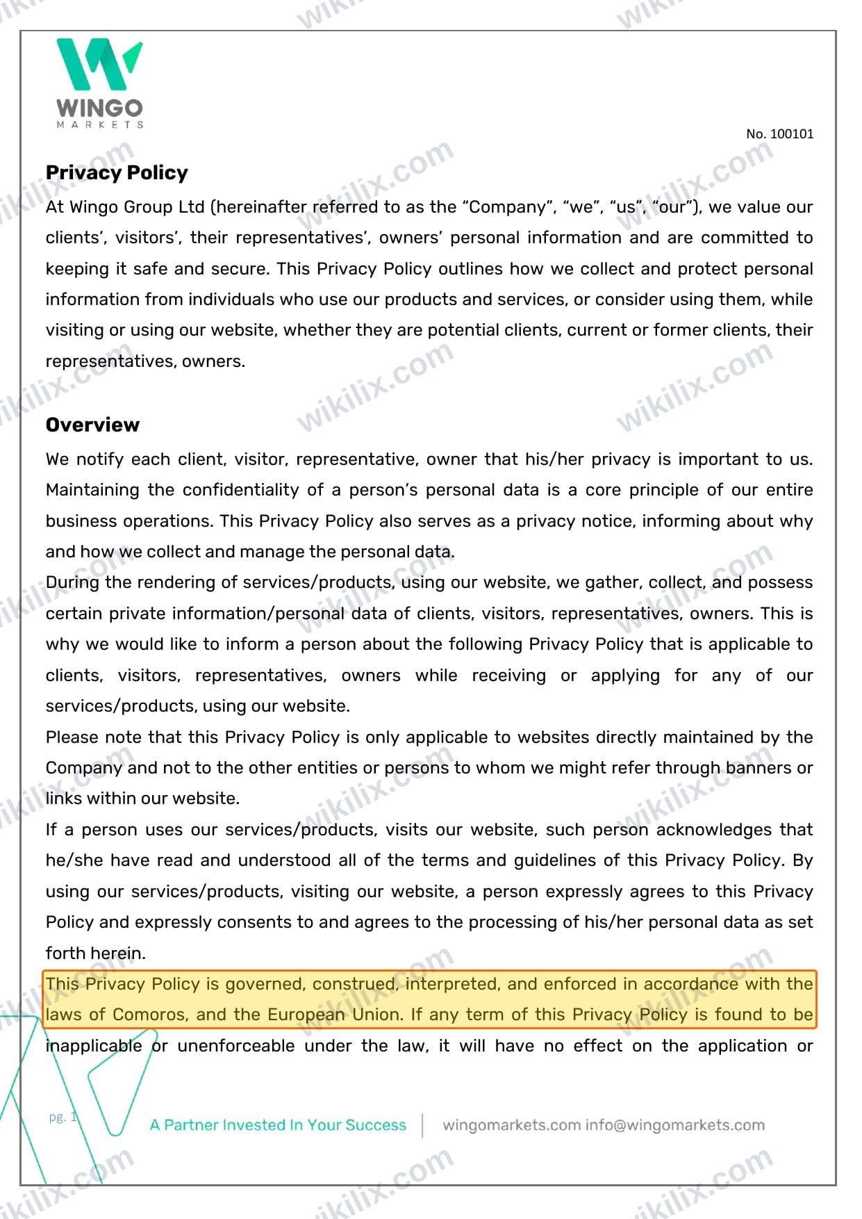 Our full page screenshot of the page this clause sits on, on Wingo Markets's site wingomarkets.com, taken on Sep 8, 2026. The quoted words are marked in the image.