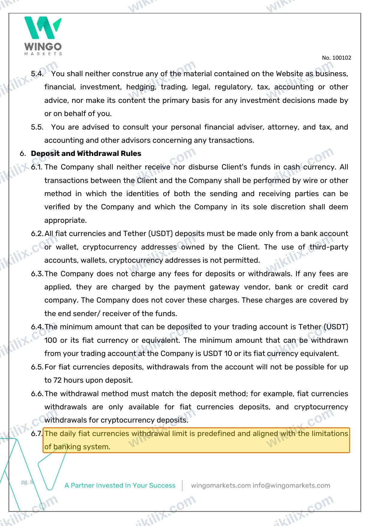 Our full page screenshot of the page this clause sits on, on Wingo Markets's site wingomarkets.com, taken on Sep 8, 2026. The quoted words are marked in the image.