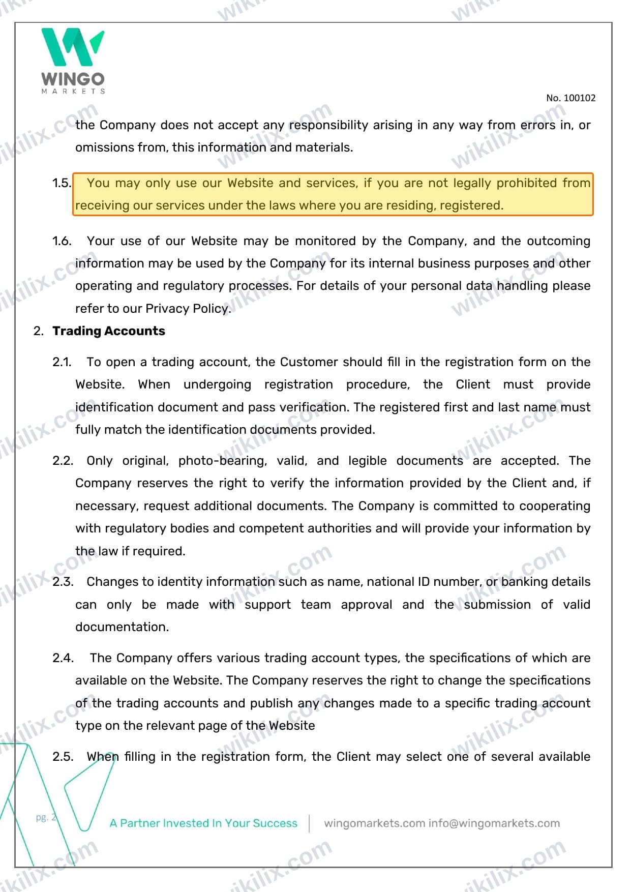 Our full page screenshot of the page this clause sits on, on Wingo Markets's site wingomarkets.com, taken on Sep 8, 2026. The quoted words are marked in the image.
