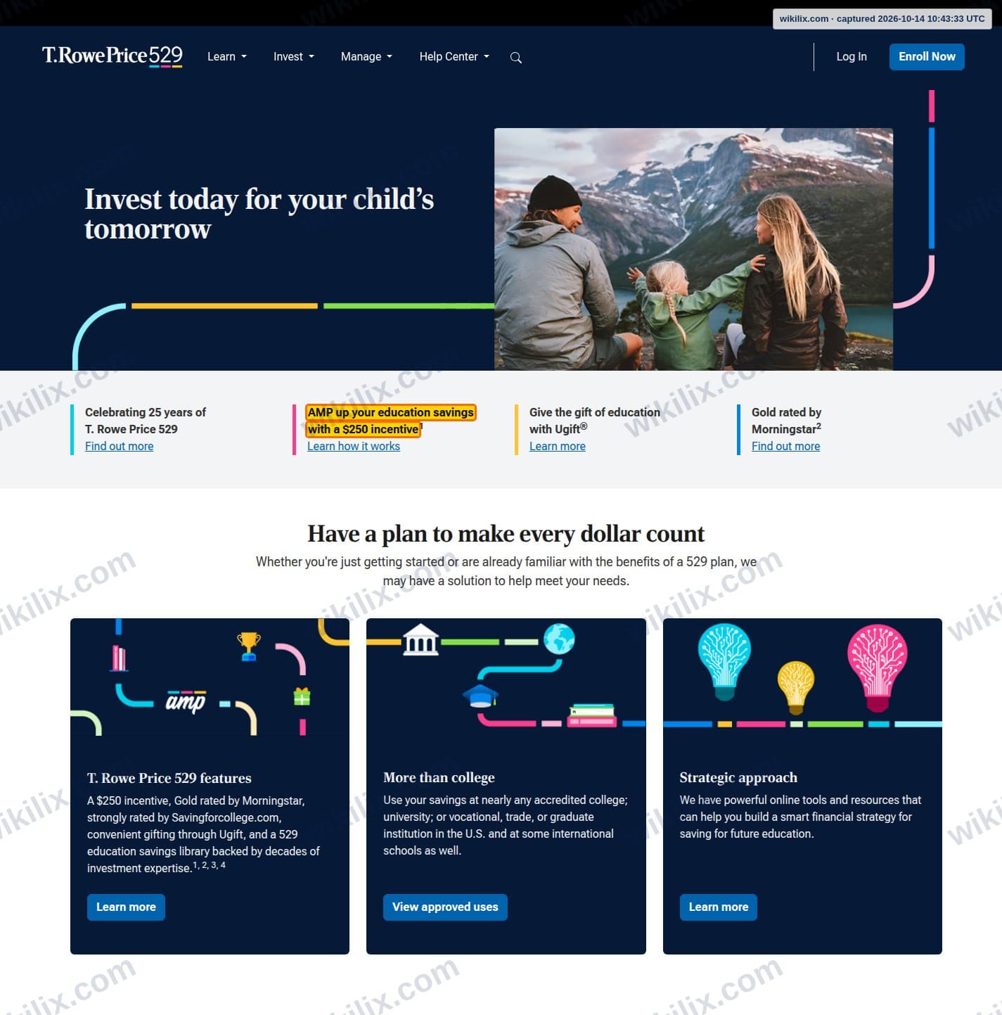 Our full page screenshot of the page that makes this promise, on T. Rowe Price's site troweprice529.com, taken on Oct 14, 2026. The quoted words are marked in the image.