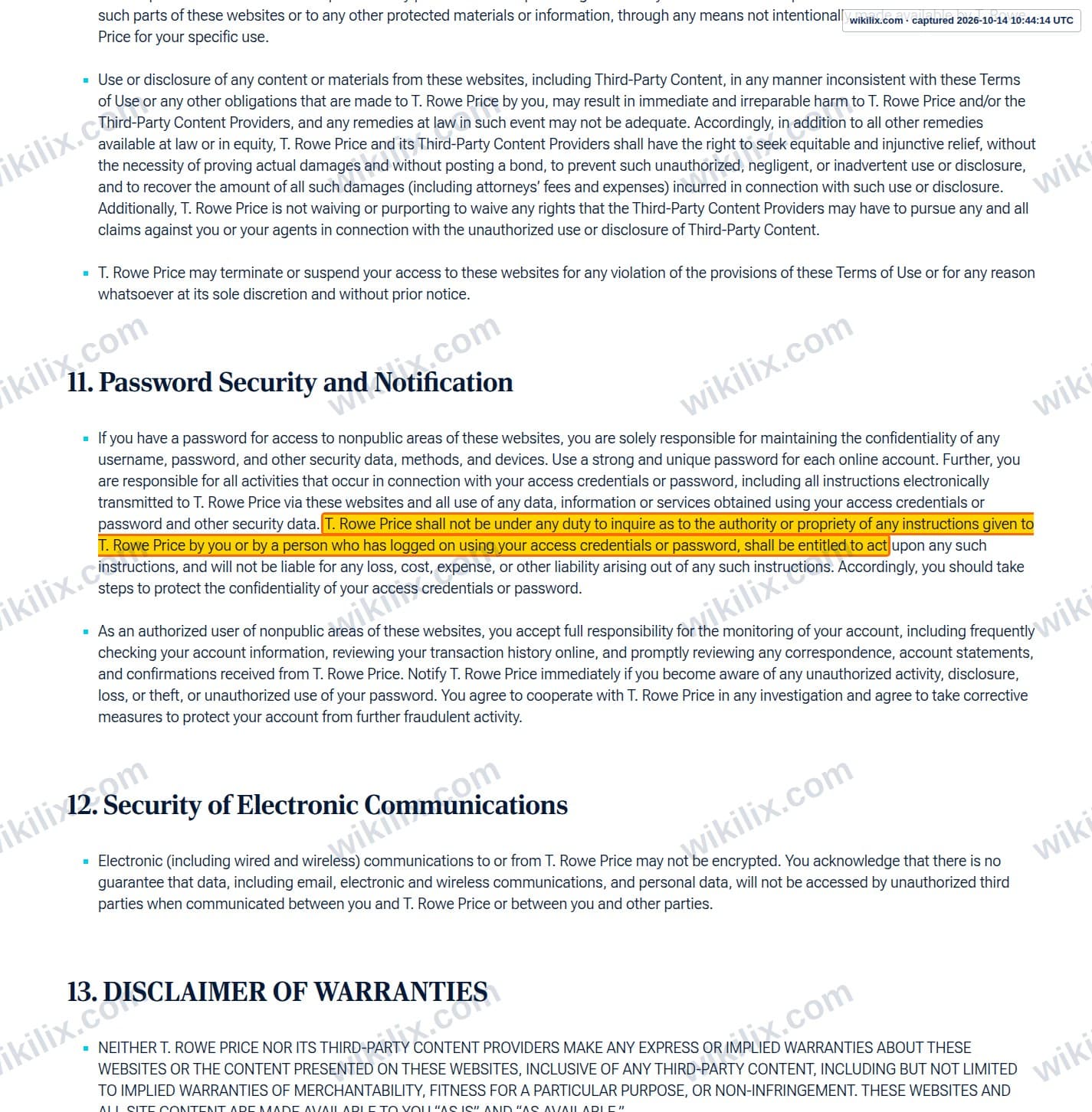 Our full page screenshot of the page this clause sits on, on T. Rowe Price's site troweprice.com, taken on Oct 14, 2026. The quoted words are marked in the image.