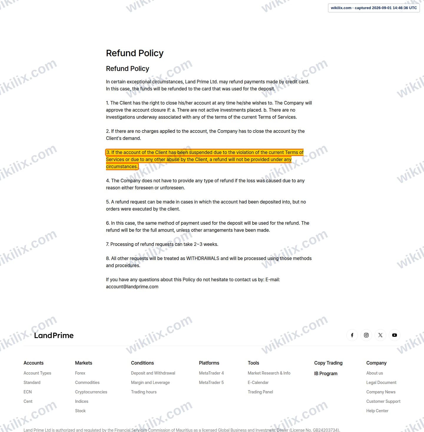 Our full page screenshot of the page this clause sits on, on Land Prime's site landprime.com, taken on Sep 1, 2026. The quoted words are marked in the image.
