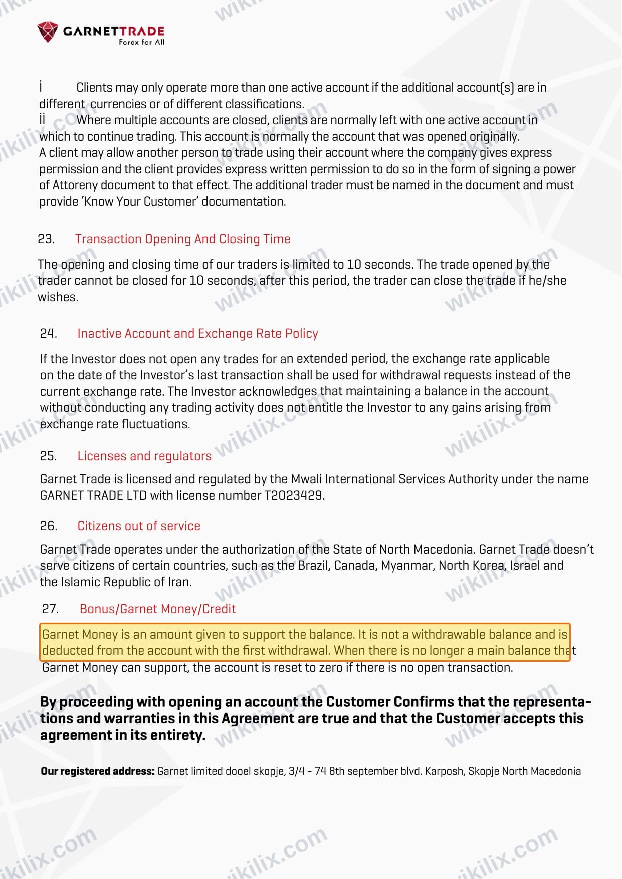 Our full page screenshot of the page this clause sits on, on GARNETTRADE's site garnet-trade.com, taken on Sep 14, 2026. The quoted words are marked in the image.