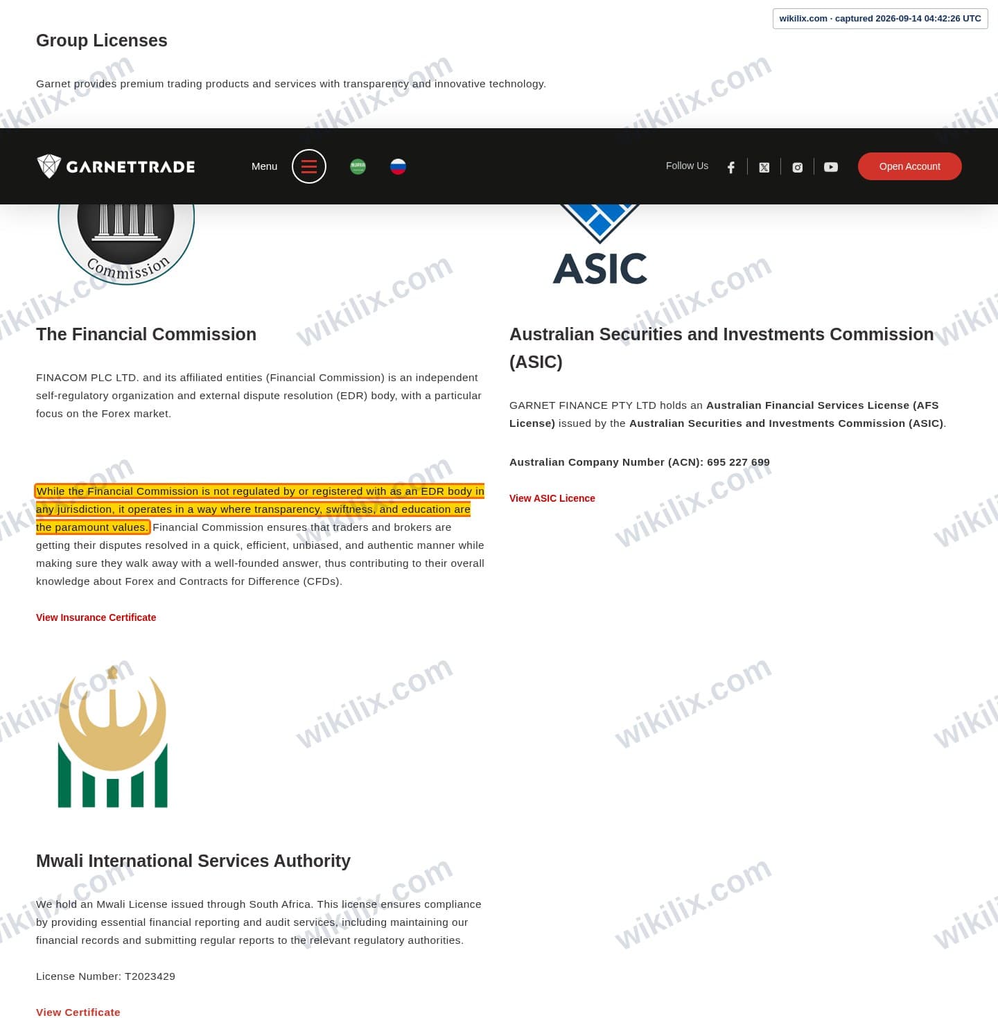 Our full page screenshot of the page this clause sits on, on GARNETTRADE's site garnet-trade.com, taken on Sep 14, 2026. The quoted words are marked in the image.
