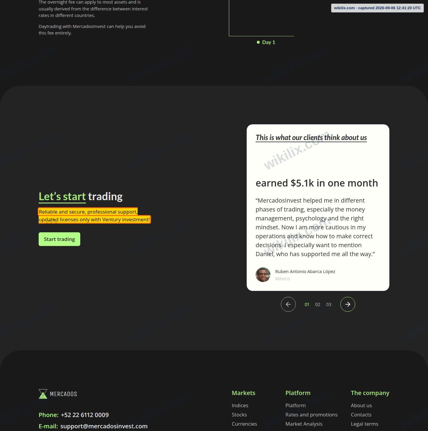 Our full page screenshot of the page that makes this promise, on MERCADOS's site mercadosinvest.com, taken on Sep 6, 2026. The quoted words are marked in the image.