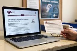 A person holds an FCA warning notice next to a laptop displaying the FCA website, with a blurred financial services poster in the background.