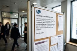 A bulletin board displays an FCA warning notice about an unauthorised firm, with people walking in a modern office setting in the background.