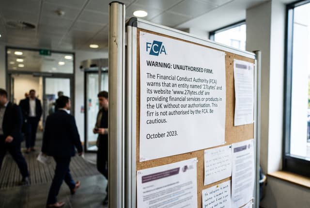 A bulletin board displays an FCA warning notice about an unauthorised firm, with people walking in a modern office setting in the background.